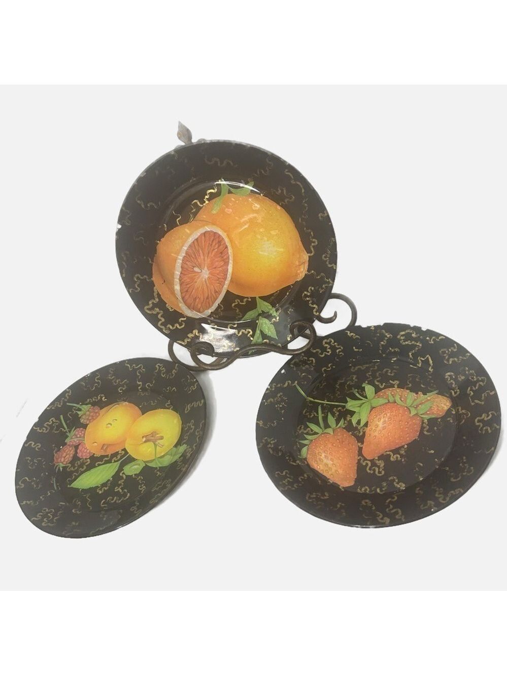 Vintage Arcoroc France Glass Painted Fruit Salad Dessert Plates Set of 3